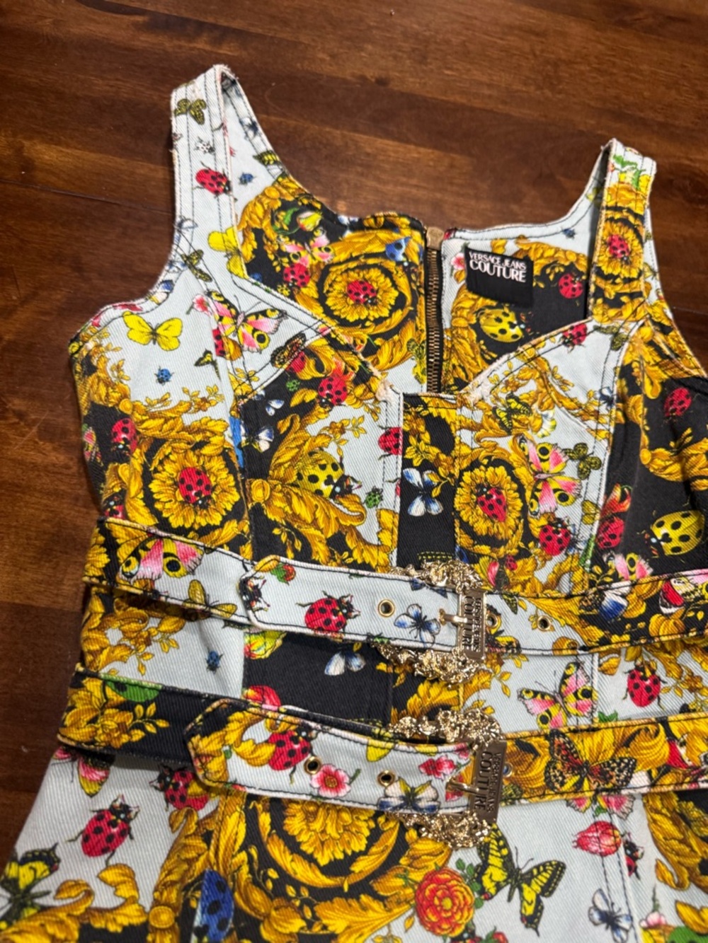 New! Versace Jeans Couture Dress Ladybug Baroque Print Denim Mini Dress - Picture 4 of 5